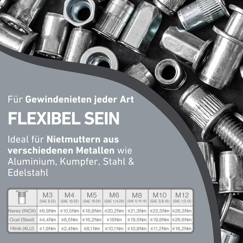 Nietaufsatz für Bohrmaschine oder Akkubohrer für Nietmuttern M3-M12 aus Alu, Stahl, Edelstahl (7 Nie