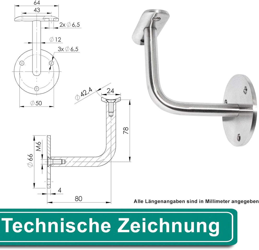 PRIOstahl Handlaufhalter Handlauf Wandhalter Handlaufstütze - 4 x Handlaufträger an die Wand für 42,