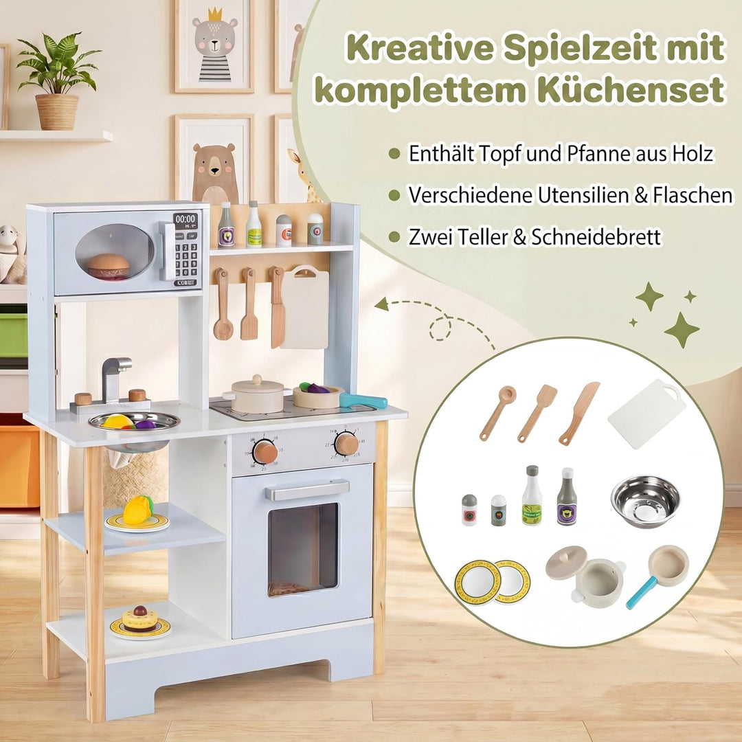 DREAMADE Kinderküche Holz, Spielküche mit 13 Zubehör | kinder küche mit Tafel, Mikrowelle, Ofen, Spü