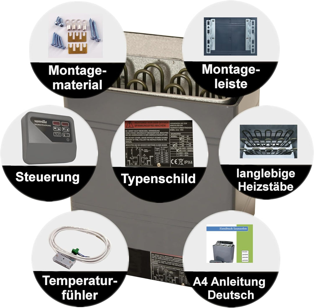 vanvilla Saunaofen 6 KW / 380V, Sauna Ofen inkl. Aussensteuerung