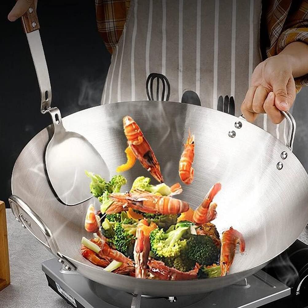 BESTonZON Edelstahl Wok Chinesische Pfanne Pan mit Griff Bratpfanne Induktion Wokpfanne Stielpfanne