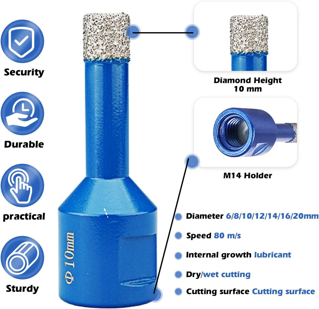Diamant Fliesenbohrer 7 Stücke, Diamantbohrer Glasbohrer Set Für M14 Winkelschleifer ø 6/8/10/12/14/