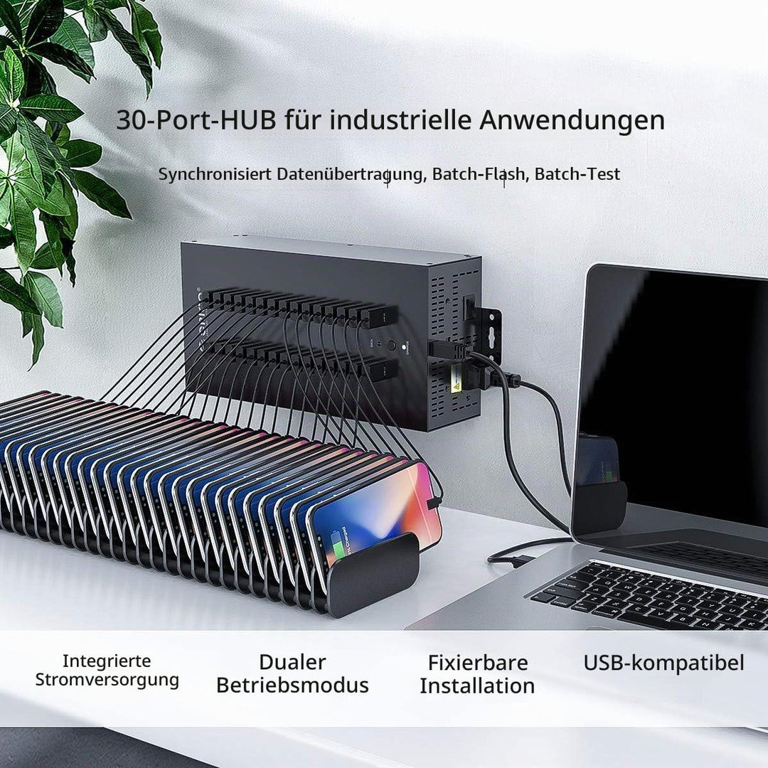 ORICO Industrial USB Hub, 30 Ports Anbringbarer, Industrietauglicher USB 2.0 Hub mit 300 W Leistung,