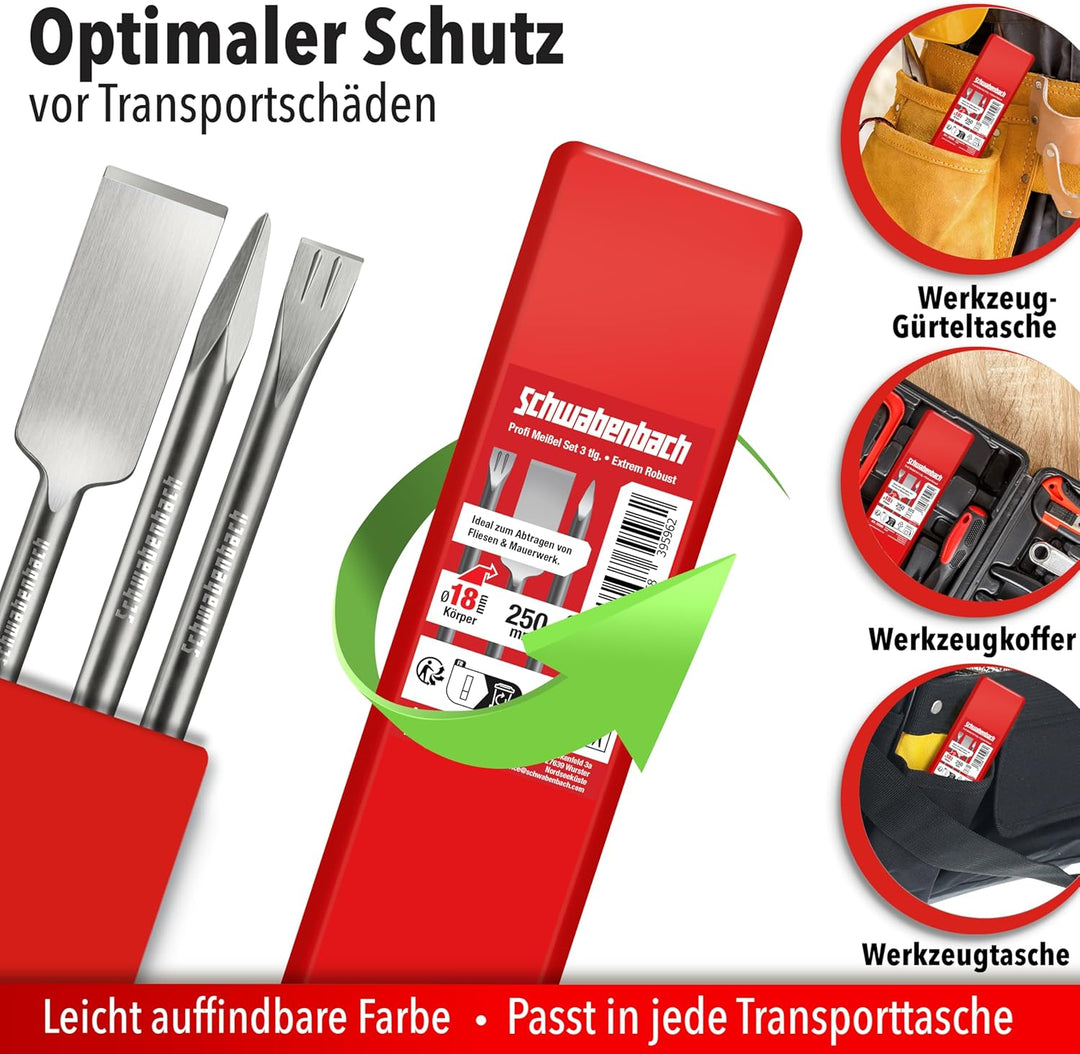 SCHWABENBACH® SDS Plus Meissel Set 3-tlg. 250mm – Fliesenmeissel 40mm extra langer Kopf, Flachmeisse