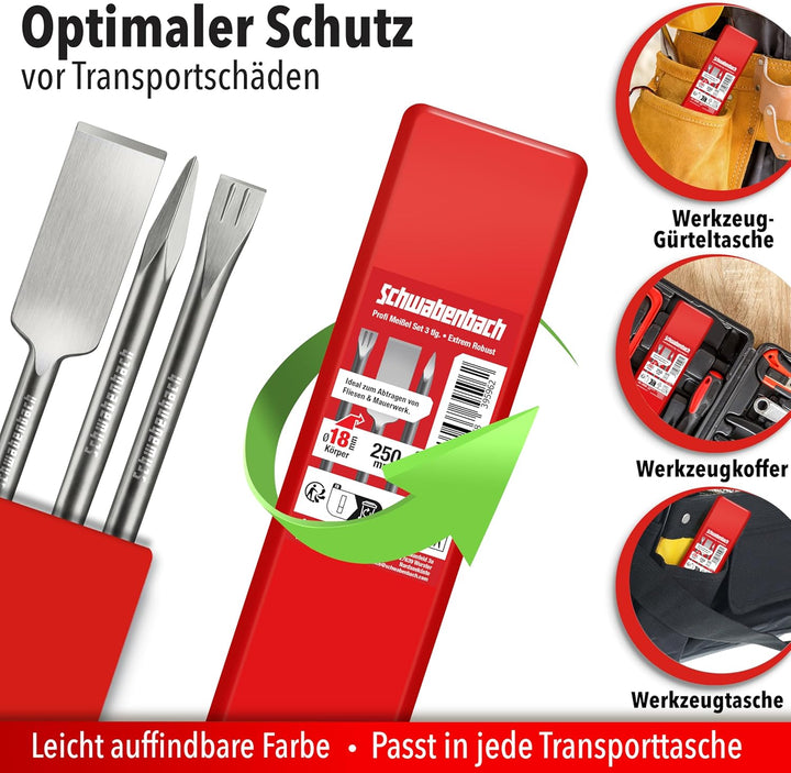 SCHWABENBACH® SDS Plus Meissel Set 3-tlg. 250mm – Fliesenmeissel 40mm extra langer Kopf, Flachmeisse