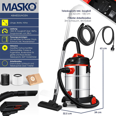 MASKO® Industriestaubsauger 1800Watt Mit Steckdose Blasfunktion | Mehrzwecksauger Trocken-Saugen & N