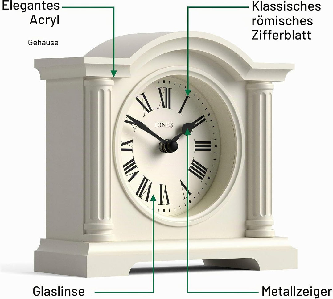 JONES CLOCKS® Kensington Kaminuhr | Klassische Uhr mit gewölbtem Oberteil | Cremefarben | Stilvoll &amp;