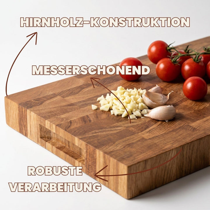 Premium Stirnholz Schneidebrett Eiche 50 x 30 x 4 cm schont die Messerklingen und sorgt für maximale