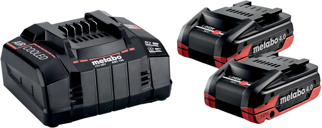 metabo Basis-Set - 2 x LiHDX 4.0 Ah Akkus, Schnellladegerät ASC 145 - Leistungsstark, langlebig, 18