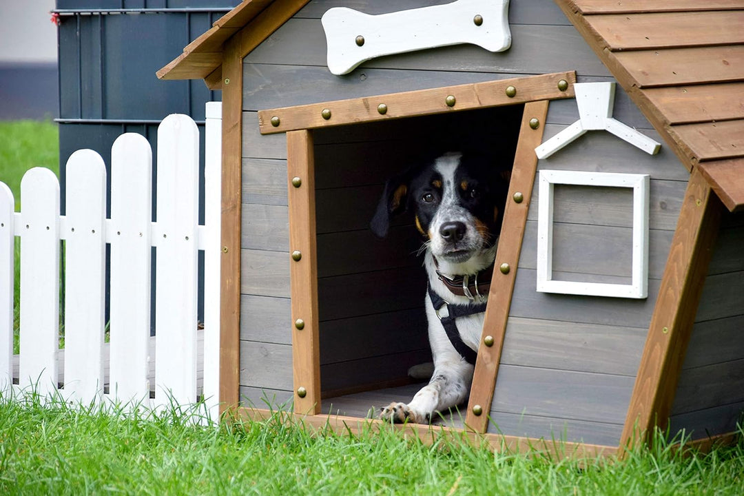 dobar 55016FSCe Outdoor-Hundehütte mit Spitzdach und seitlicher Veranda Comic-Design, FSC-Holz, 146,