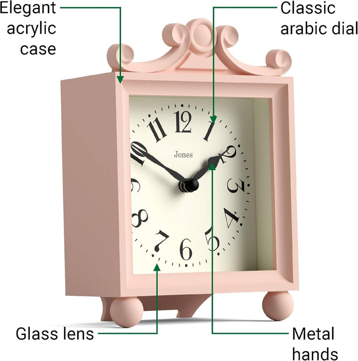 JONES CLOCKS® Parlour Kaminsims Uhr | Klein Klassische Kutschenuhr | Rosa | Elegantes quadratisches