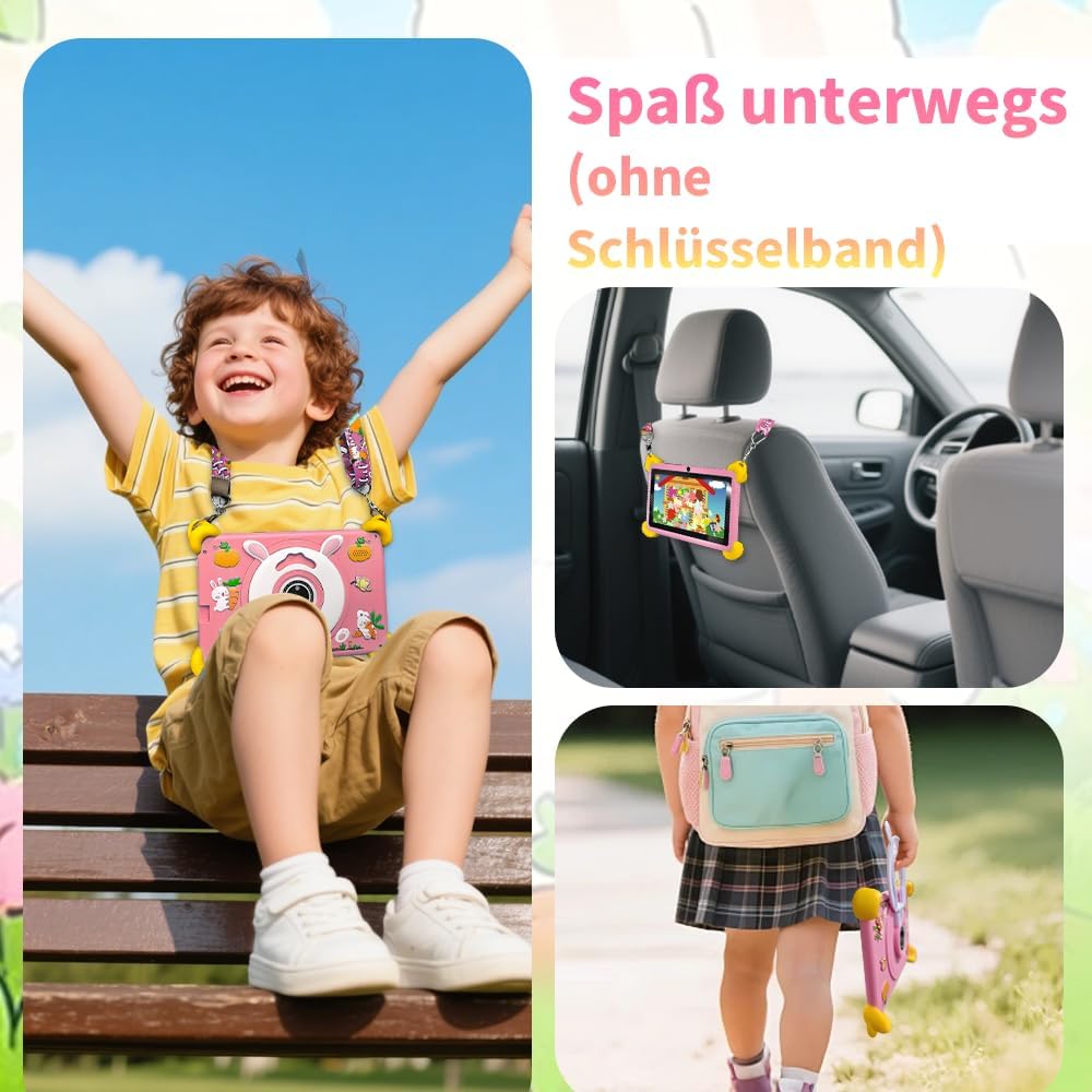 Veidoo 7-Zoll Android Kinder-Tablet, 2+32 GB, Dual-Kameras, stossfeste Hülle, integriertes Hasen-Stä