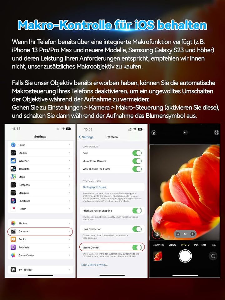 APEXEL Makro-Objektiv für iPhone 14 Pro, 100 mm Handyobjektiv + CPL-Filter, Makro-Objektivaufsatz fü