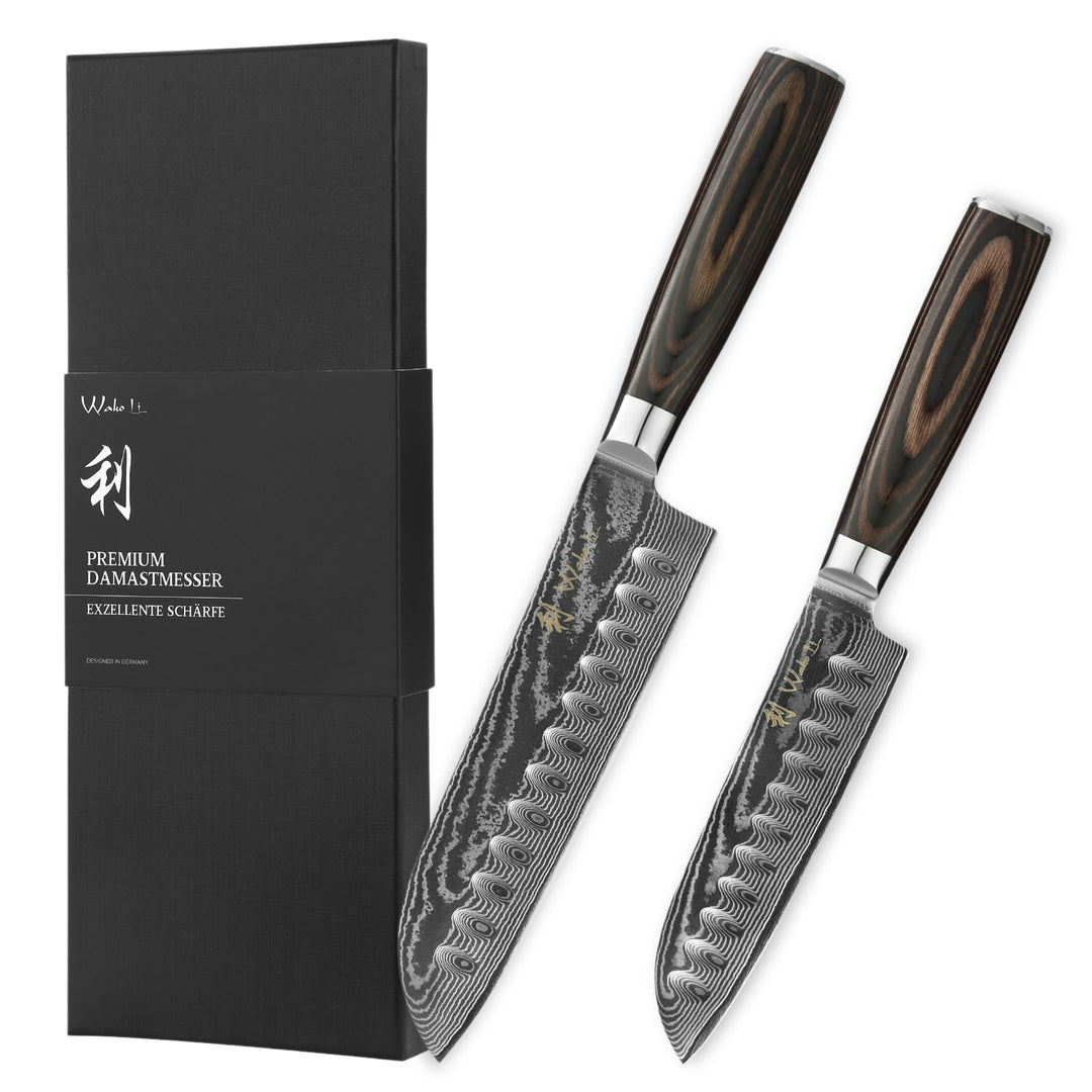 Wakoli EDIB Essentials 2er Damast Küchenmesser Set - 12cm & 18cm Santoku Messer aus 67 Lagen Damasts