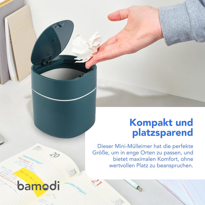 Bamodi Mini Mülleimer mit Deckel für den Schreibtisch - Perfekt für kleine Räume wie Bürotisch, Auto