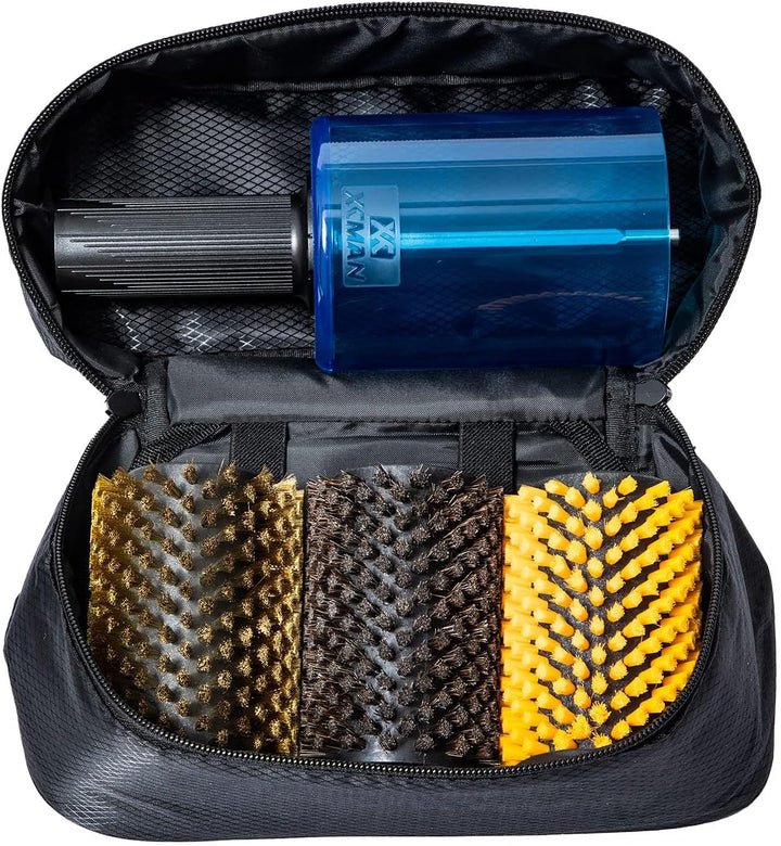Xcman rotierendes Bürsten-Set für Ski, Bürstengriff mit Achse und 3 Bürsten: Nylon, Rosshaar, Messin