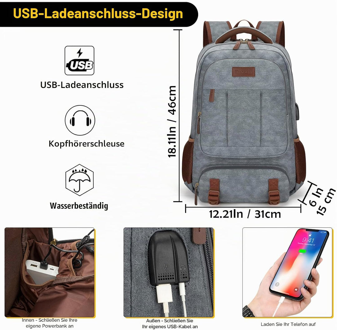 Tzowla Canvas Laptop Rucksack aus Segeltuch,Reise Backpack Tasche Herren und Damen,Arbeit Reiserucks