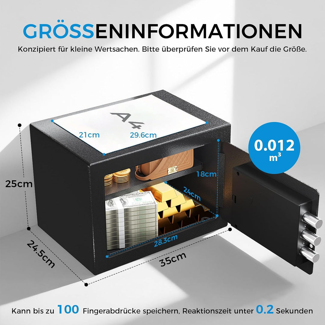 GTPLAYER Tresor für Zuhause, Feuerfester Wasserdichter Mini Sicherheitstresor mit Fingerabdruck, Zah