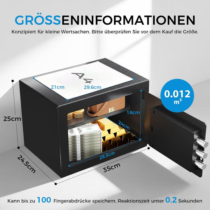 GTPLAYER Tresor für Zuhause, Feuerfester Wasserdichter Mini Sicherheitstresor mit Fingerabdruck, Zah