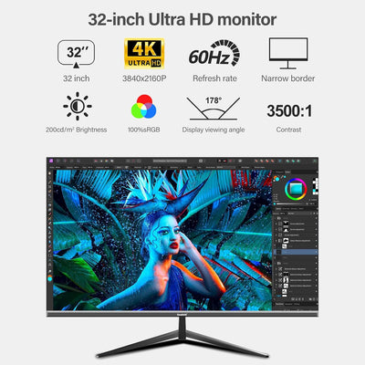 Gawfolk PC Monitor 32 Zoll UHD 4K 60Hz, Ultraklar (3840×2160p) Computer Bildschirm mit FreeSync, HDM