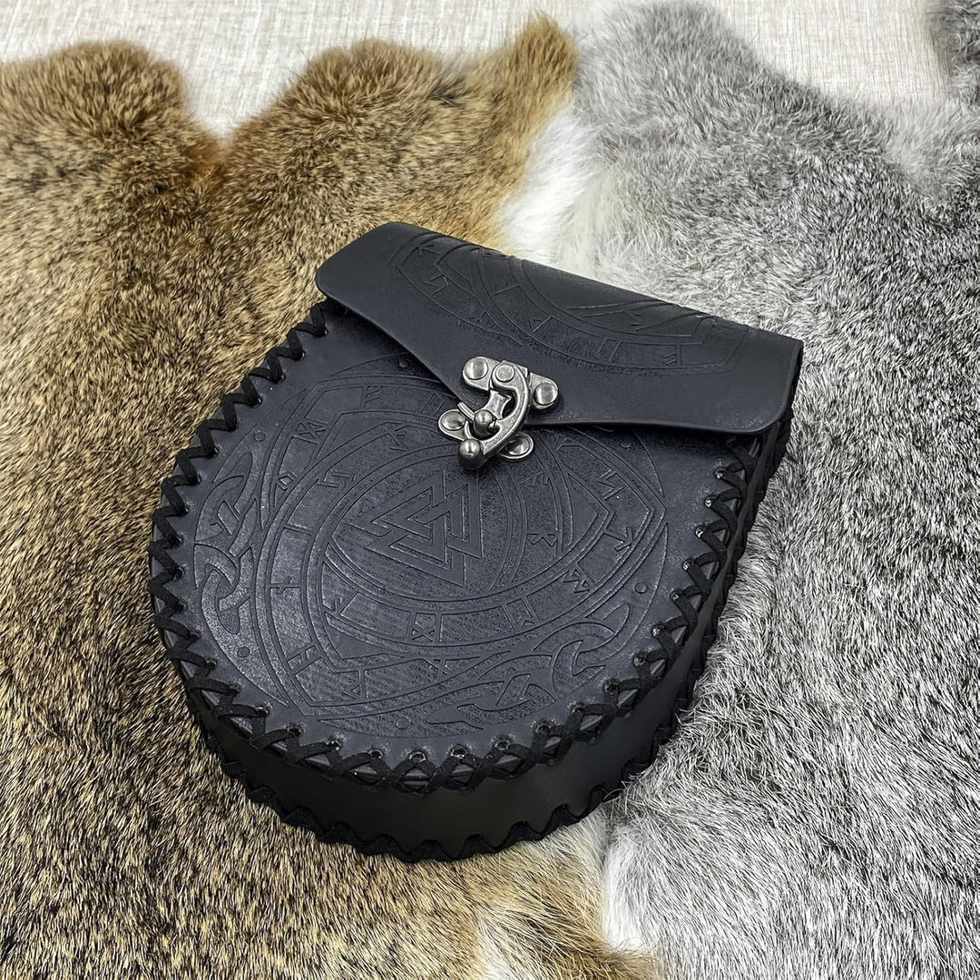 COSFAN Nordische geprägte Gürteltasche, mittelalterliche Kunstledertasche, Schwarze Wikinger-Renaiss