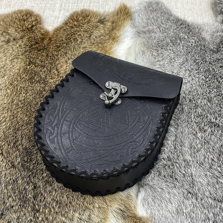 COSFAN Nordische geprägte Gürteltasche, mittelalterliche Kunstledertasche, Schwarze Wikinger-Renaiss