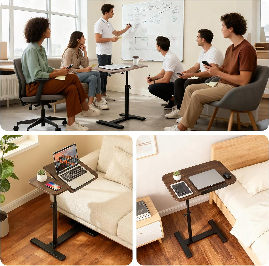 60×40cm Laptop Beistelltisch mit Rollen, Mobiler Betttisch mit neigbarer Arbeitsplatte, Laptoptisch