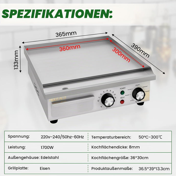 Elektrische Grillplatte, Profi Gastro Elektrogrill Elektrische Grillplatte mit 36 x 30 cm Grillfläch