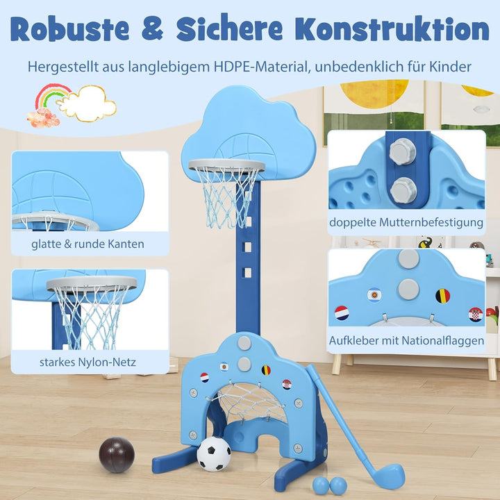 DREAMADE Mini Basketballkorb Kinder, 77-116 cm höhenverstellbarer Basketballständer mit Fussballkorb