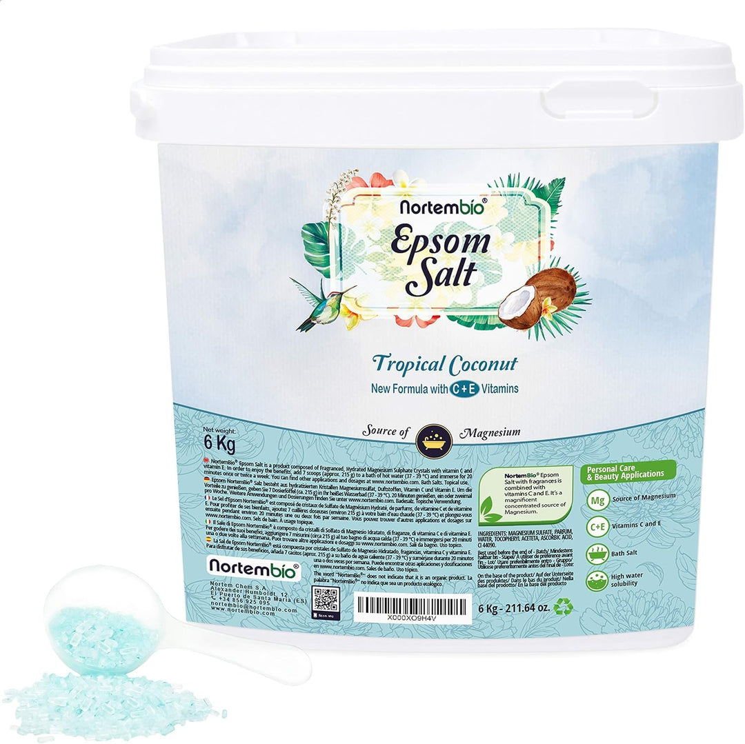 Nortembio Epsom Salz 6 Kg. Neuartigen Duft von Tropischer Kokosnuss. Hydratisiert mit Vitamin C und
