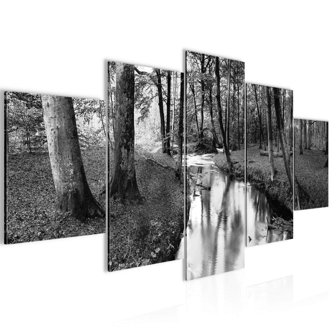 Runa Art Bild Schlafzimmer Wohnzimmer Wald Landschaft 5 Teilig Fluss Grau Wandbilder auf Vlies Leinw