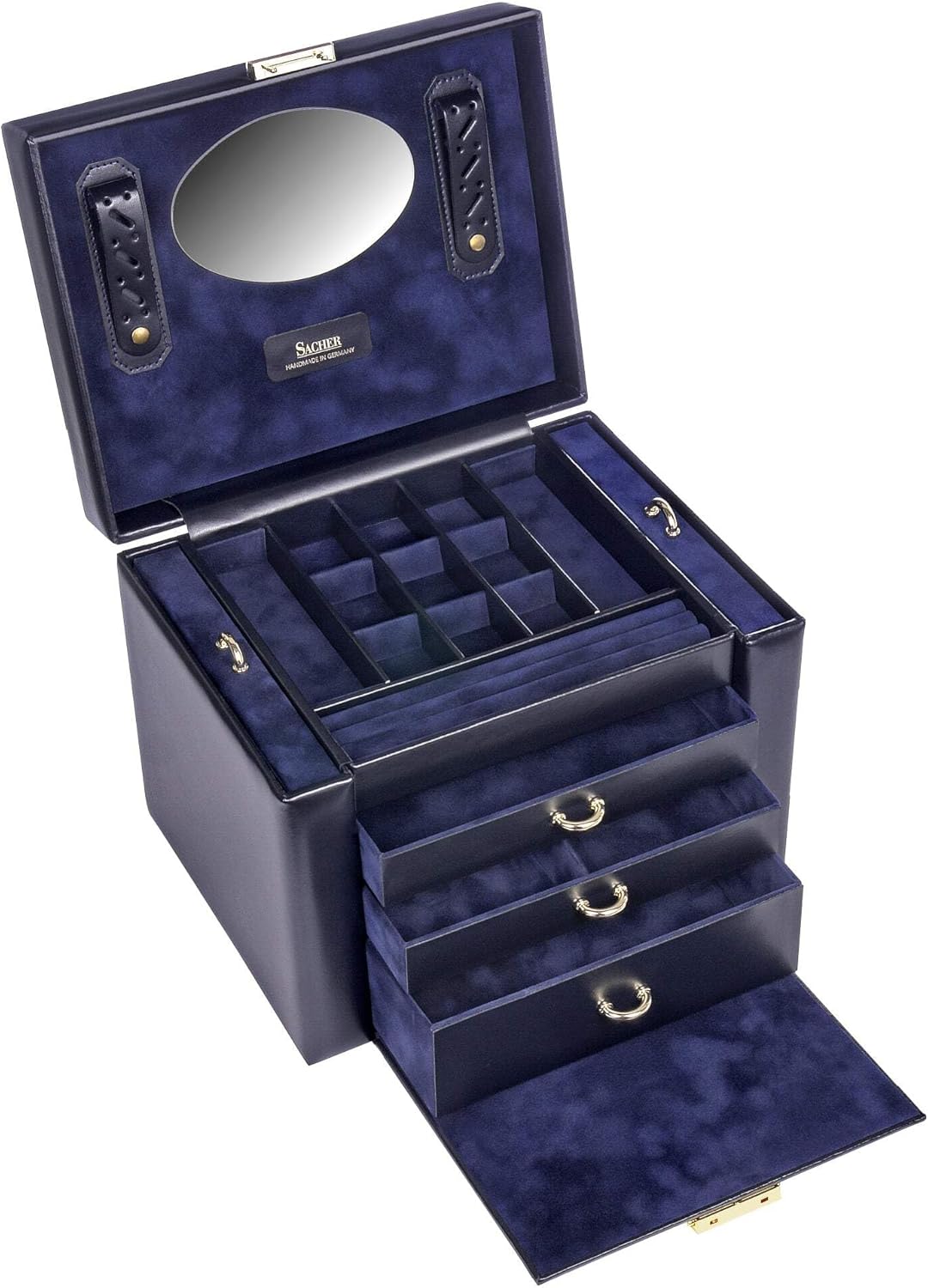 SACHER Schmuckkasten Marta - Handmade in Germany - Breite 27 cm (navy | acuro | Leder), Navy | Acuro