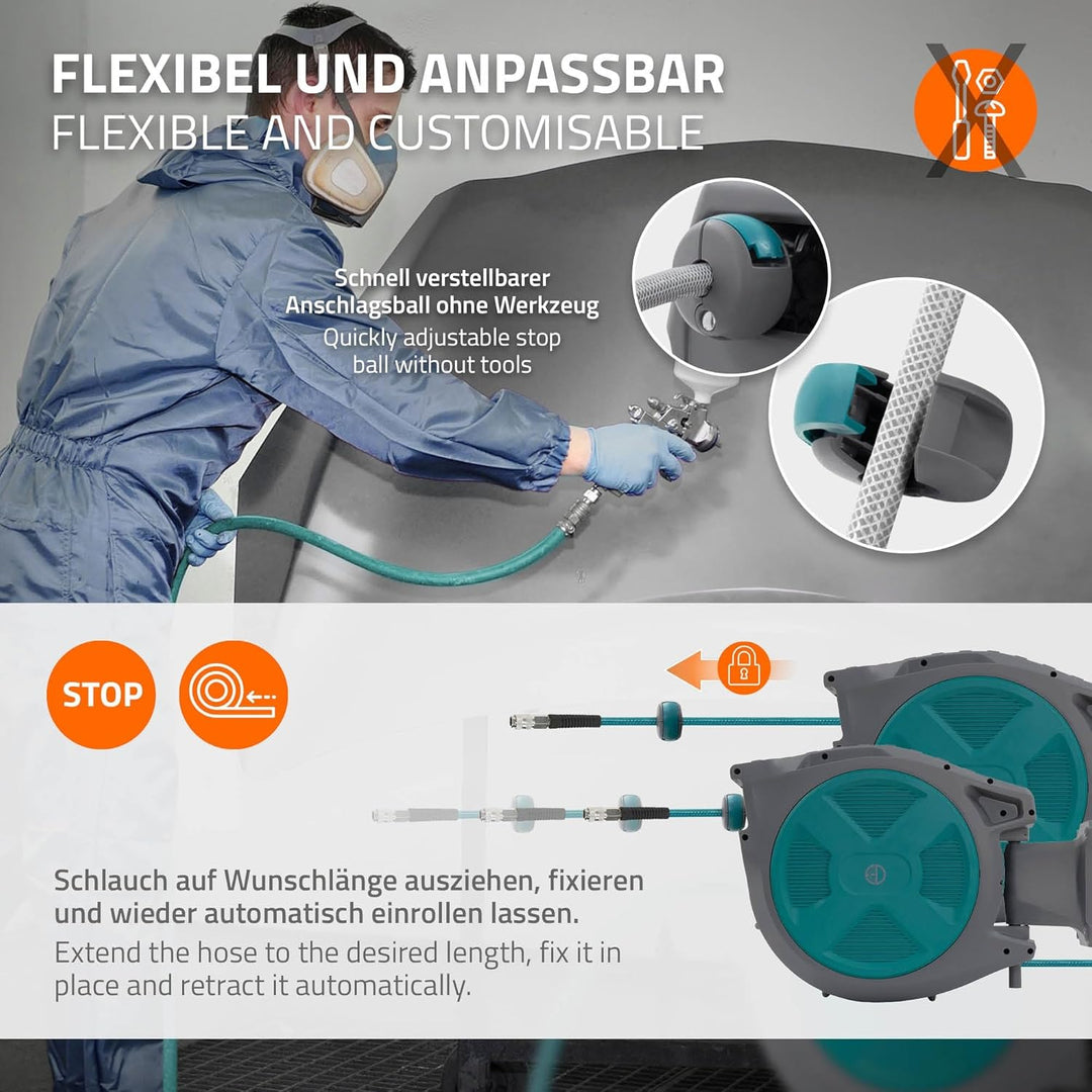 ECD Germany Druckluftschlauchtrommel 30m+2m, Automatischer Aufroller mit Arretierfunktion, 1/4" Ansc
