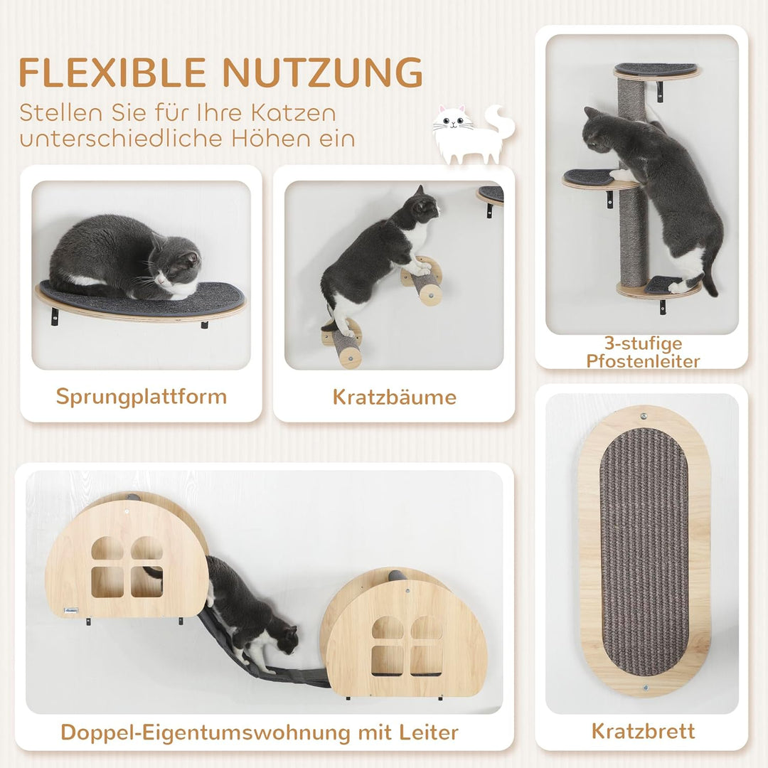 PawHut Kletterwand Katzen 7-teilig Katzenkletterwand Set mit Sisalpfostenleiter Plattform Katzen Wan