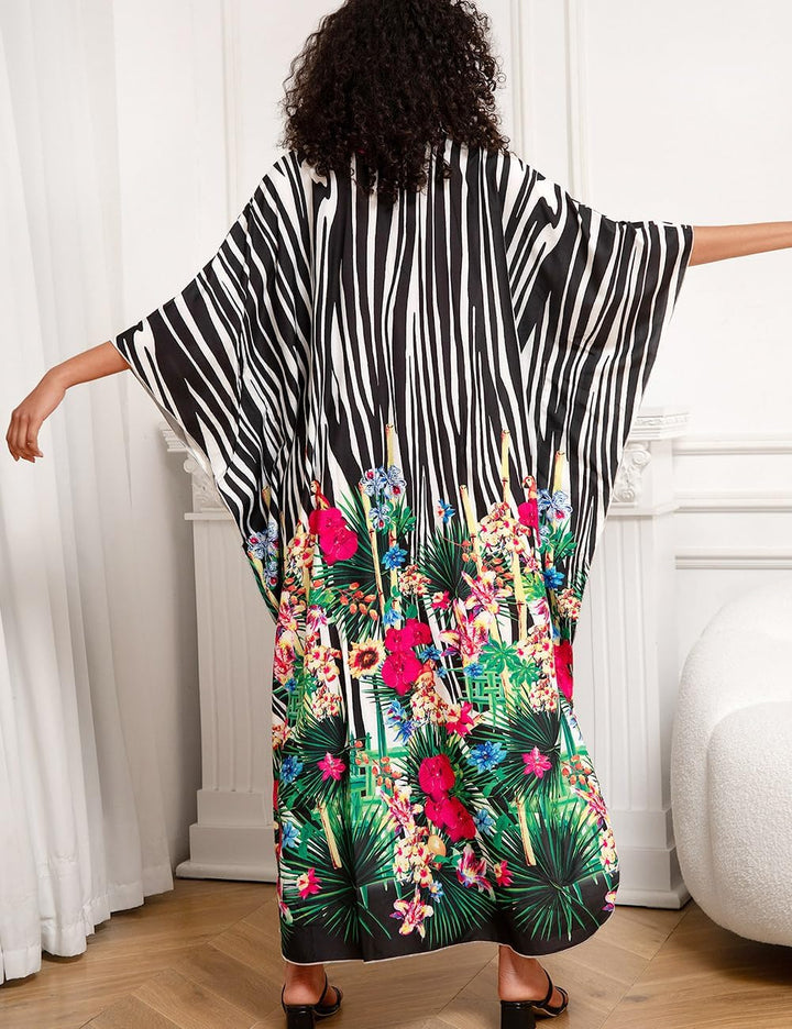 Damen Kaftan Strandkleid Boho Floral Lange Übergrösse Pareos Lose Kimono Sommer Tunika Maxikleid Far