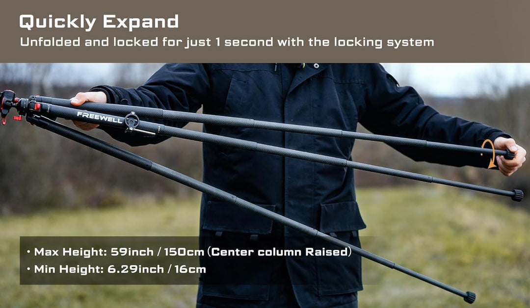Freewell Carbon Fiber Reisestativ 59.1“ Leichtgewicht 1.98 lbs Foto/Video 360° Kugelkopf (Max Load 5