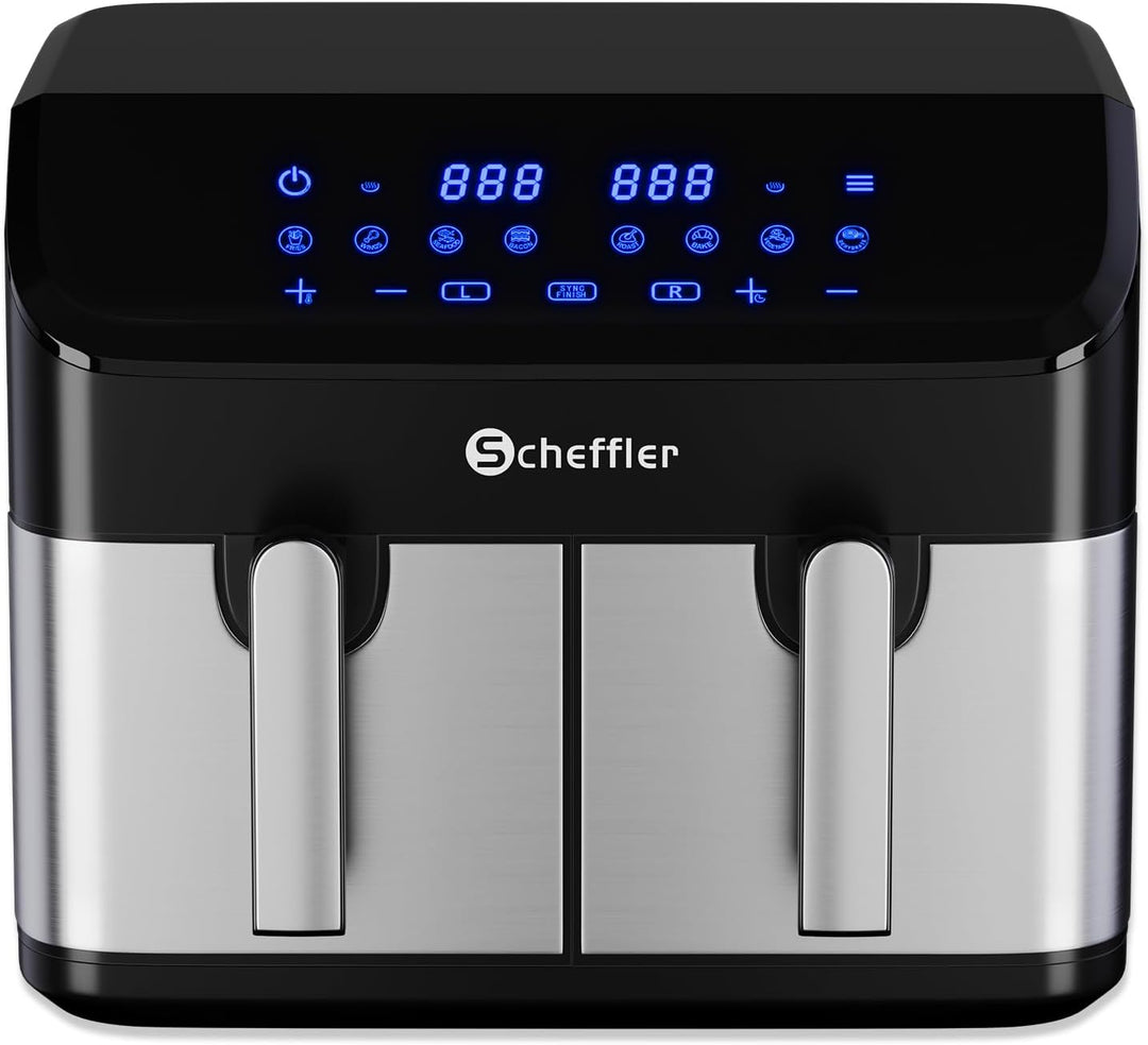 Scheffler Heissluftfritteuse 2 kammern 9L (2x4.5L), 2000W Airfryer mit 2 Fächer, Doppelkammerh, Dual