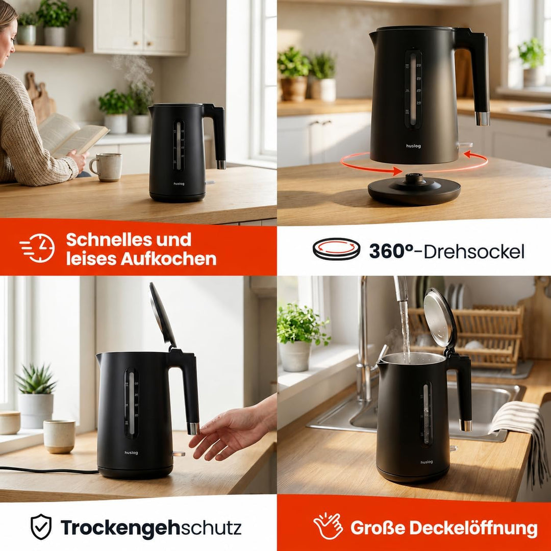 Wasserkocher 1,5L 2200W Double Wall Cool-Touch Edelstahl 304, BPA-frei, mit Wasserstandsanzeige, 360