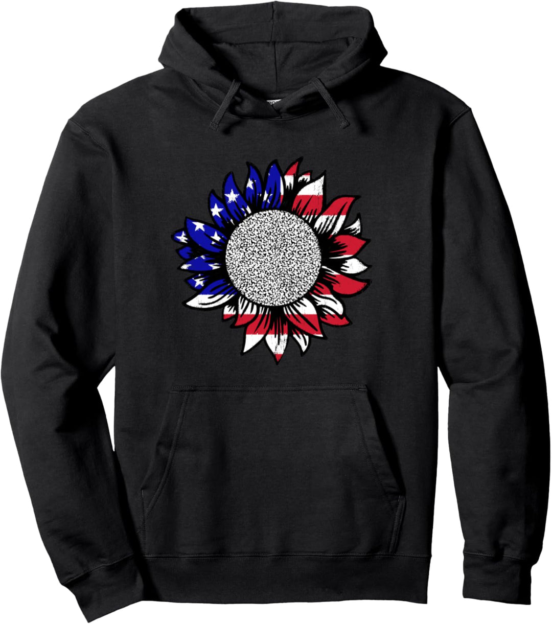 Patriotic Vintage Style 4th Of July American Flag Sunflower Pullover Hoodie