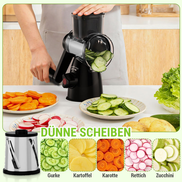 Käsereibe mit Kurbel, Mandoline Gemüsehobel mit 3 Edelstahl Austauschbaren Trommelblättern, Gemüsere