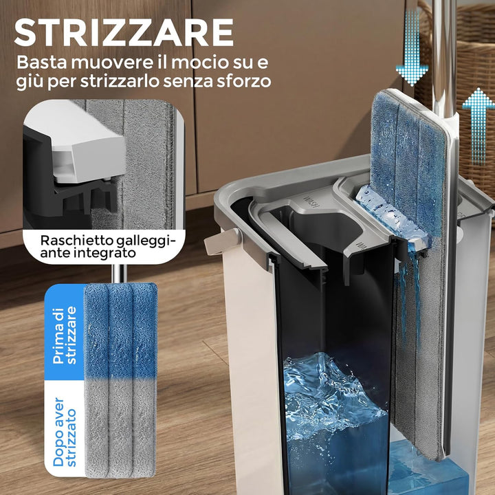 Masthome Bodenwischer Set mit Eimer,Wischmopp Set mit Edelstahlgriff und 4 Mikrofaser Moppkopf, Putz