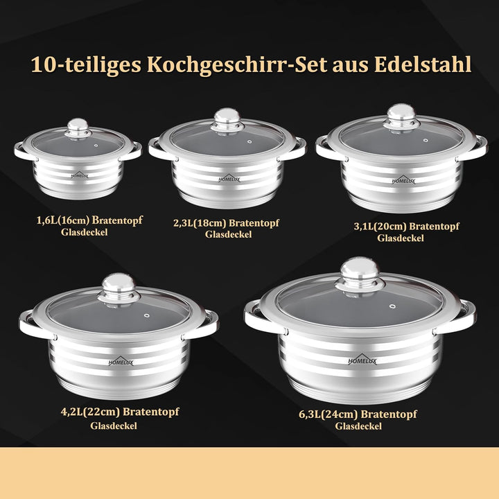 Homelux Topfset edelstahl Kochtopf Set Induktion Töpfe Set 10-teilig Topf mit Glasdeckel, Spülmaschi