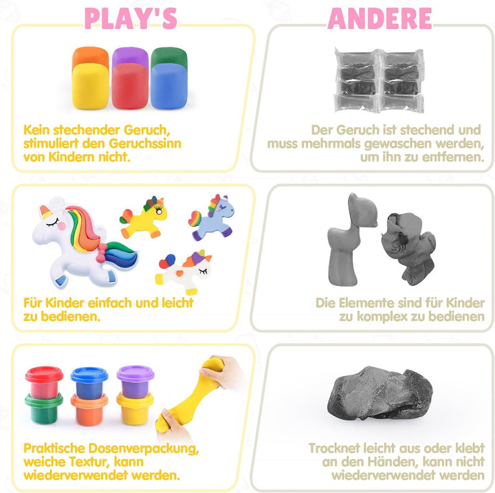 PLAY Knete Set für Kinder Eis und Einhorn Set - Anfänger Knete Zubehör knete ab 3 jahre, Kinderknete