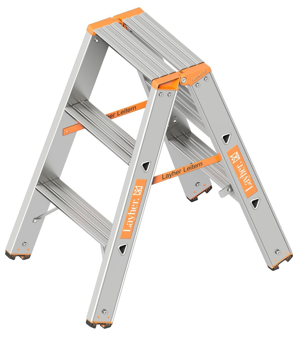 Layher 1043003 Stufenstehleiter Topic, Aluminiumleiter 2x3 Stufen 80 mm Breit, beidseitig begehbar,