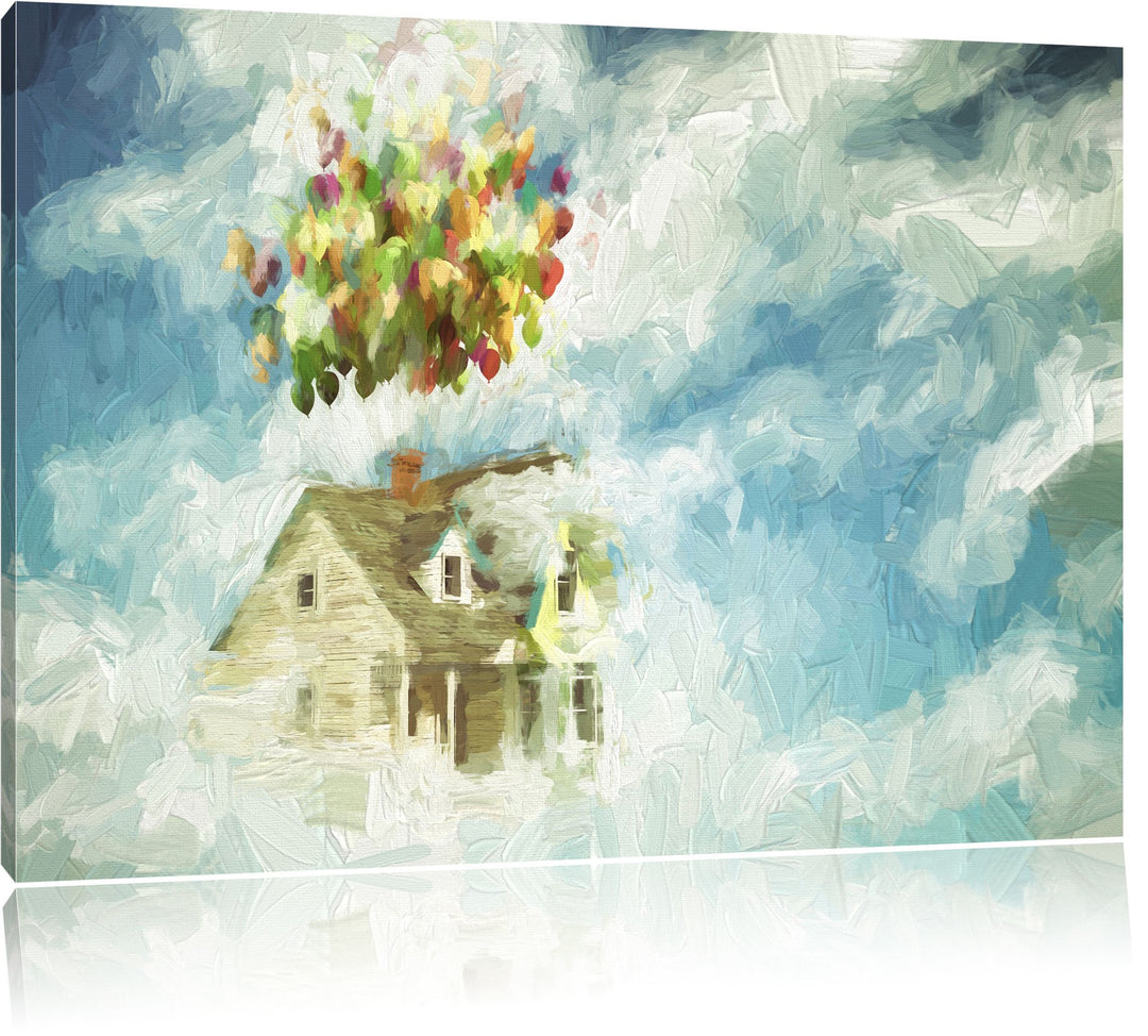 Pixxprint fliegendes Haus mit Luftballons als Leinwandbild/Grösse: 100x70 / Wandbild/Kunstdruck/fert