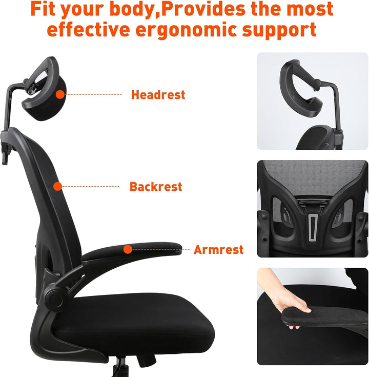Bürostuhl Ergonomisch, HANGHAIGO Schreibtischstuhl, Bürostuhl mit Kopfstütze, Armlehnen, Lendenwirbe
