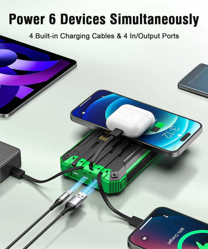 Solar Powerbank 26800mAh mit integrierten 4 Kabeln, Wireless Power Bank USB-C Ausgang/Eingang 15W Sc