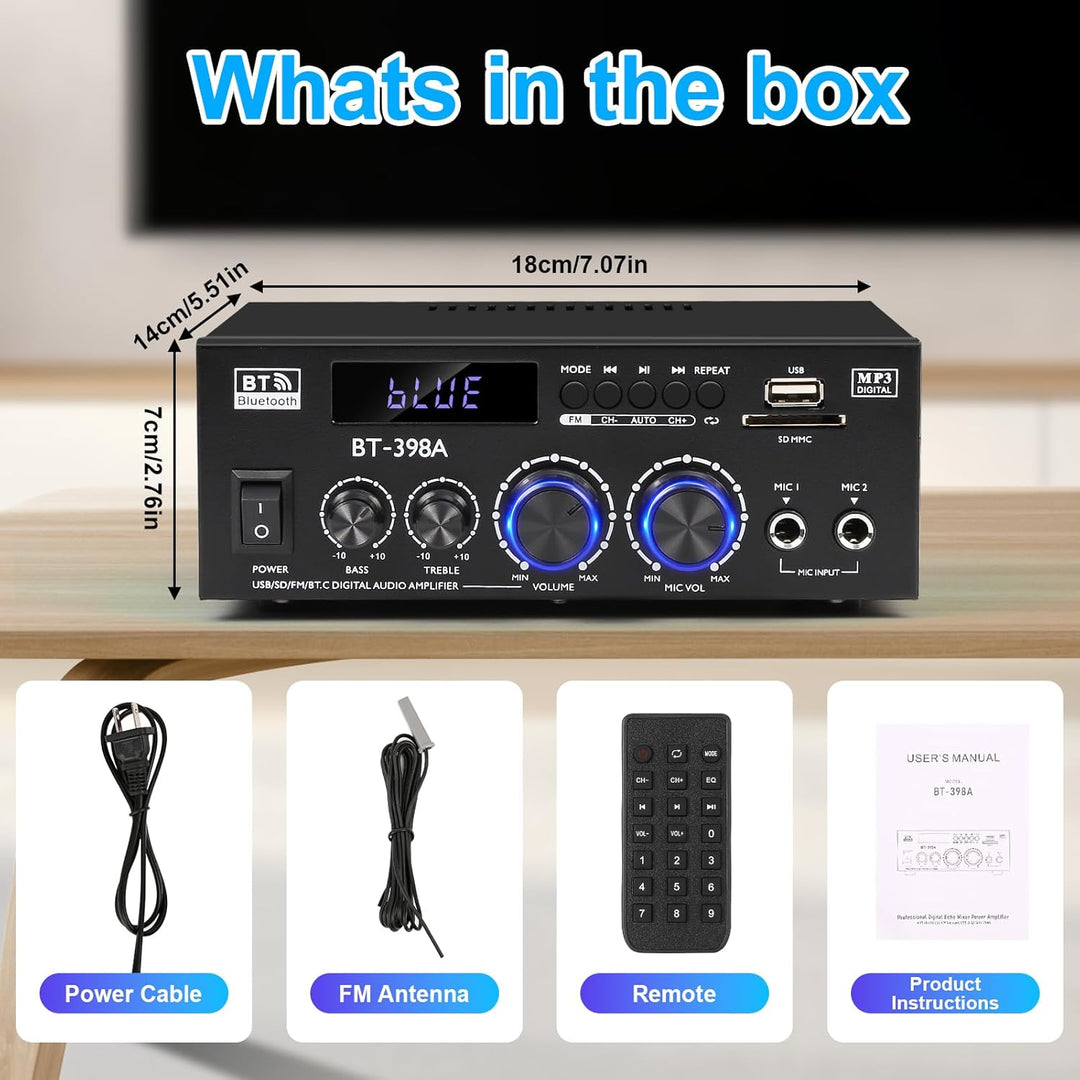 HiFi Stereo Verstärker, 450Wx2, 2-Kanal Mini Bluetooth Verstärker mit w/UKW-Radio, USB/SD, optischen