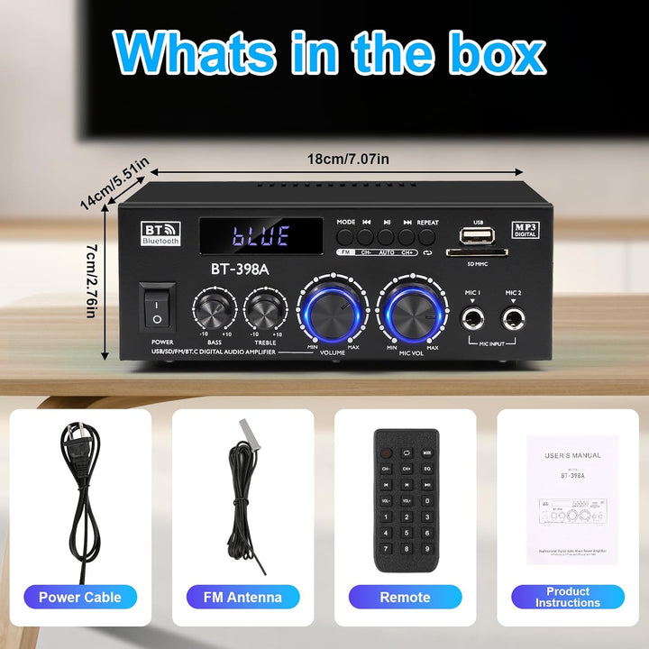 HiFi Stereo Verstärker, 450Wx2, 2-Kanal Mini Bluetooth Verstärker mit w/UKW-Radio, USB/SD, optischen