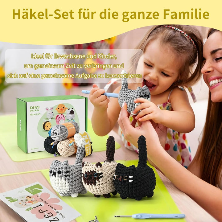 SHYSBV Häkelset für Anfänger Heckel Set Komplettes Amigurumi Set 3 süsse Katzen mit Garn Häkelnadel